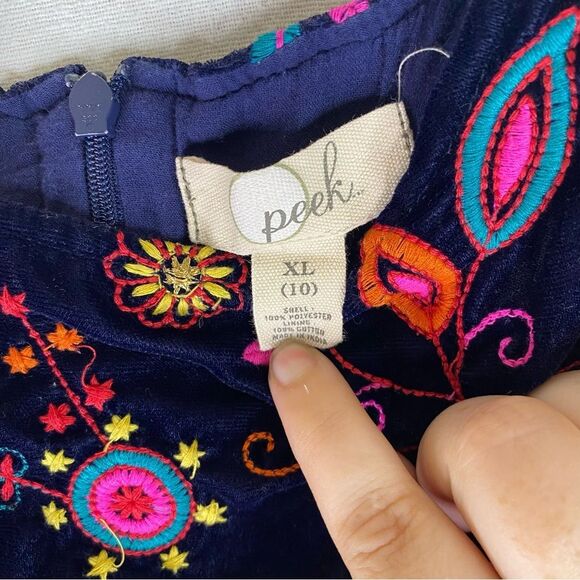 Peek Dress Girls Blue Floral Embroidered Velvet Lined Short Sleeve XL 10 - Picture 9 of 9